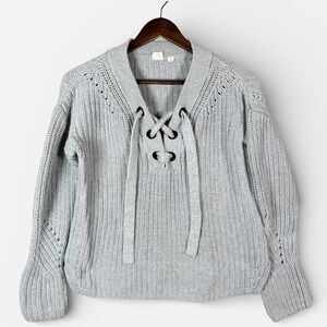Gap Sweater Womens Medium Gray Lace Up V-Neck Shaker‎ Stitch Cotton Pullover